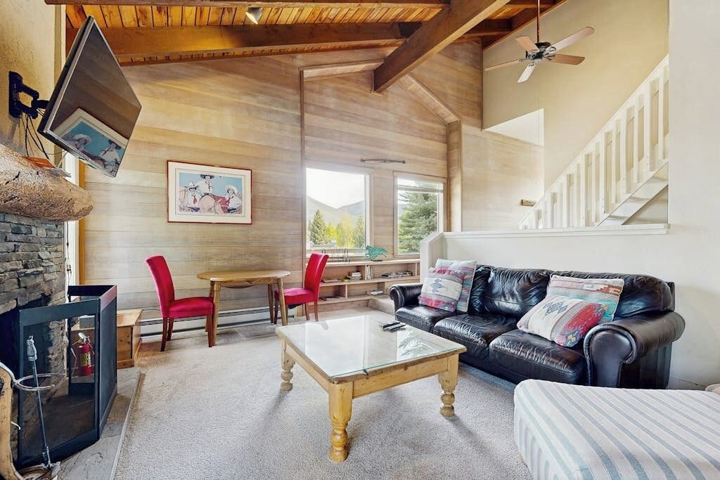 TV, fireplace, books, stereo