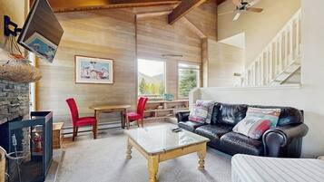 TV, fireplace, books, stereo