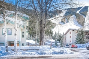 A snow-covered residential area with houses, a road, and a mountain backdrop.