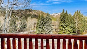 Une balustrade en bois surplombe un paysage montagneux, avec des arbres à feuilles persistantes et un ciel dégagé.