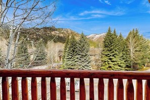 A wooden balcony railing overlooking a mountainous landscape with evergreen trees and a clear sky.