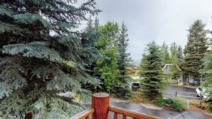 A wooden deck with a view of a road and houses. - Comfortable, centrally-located condo close to skiing, hiking, & downtown (Ketchum)