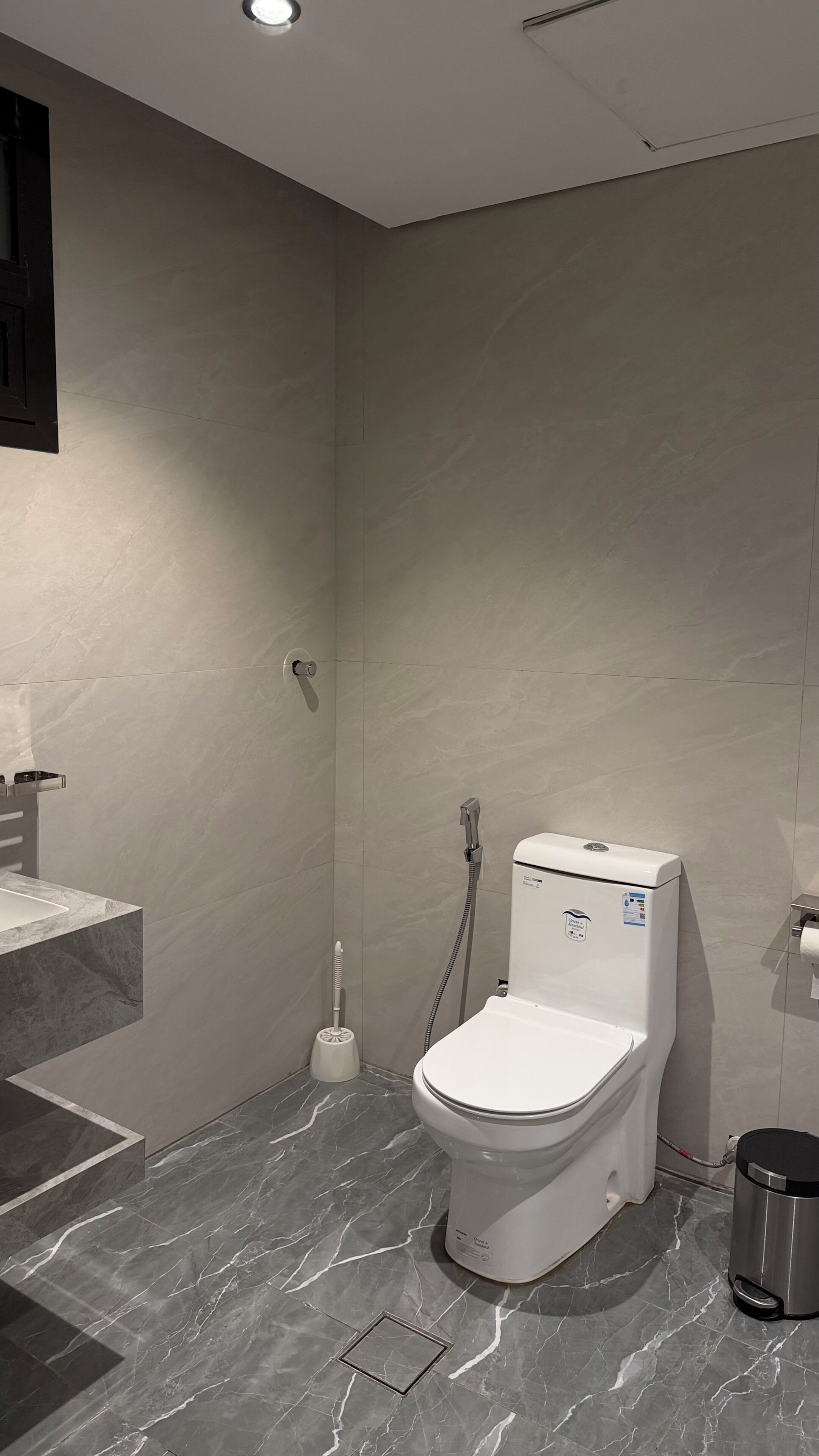 Une salle de bain moderne équipée de toilettes, d’une douche et d’un lavabo.