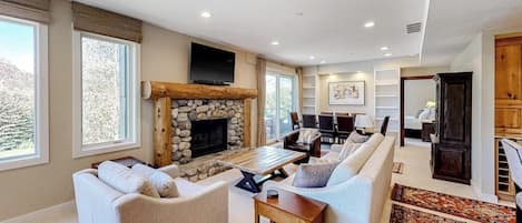 TV, fireplace, books