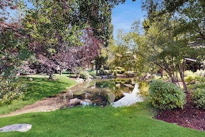 A garden with a pond, various plants, and a building in the background. - Golf course condo with ski shuttle, shared pools, & hot tub (Sun Valley)
