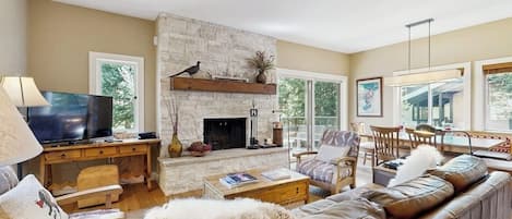 TV, fireplace, DVD player, books