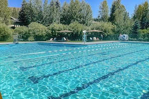 Ein klares Schwimmbecken mit Bahnen, umgeben von Bäumen und beschattet durch Sonnenschirme.