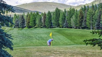 A golf course with a flagstick, trees, and a hilly background.