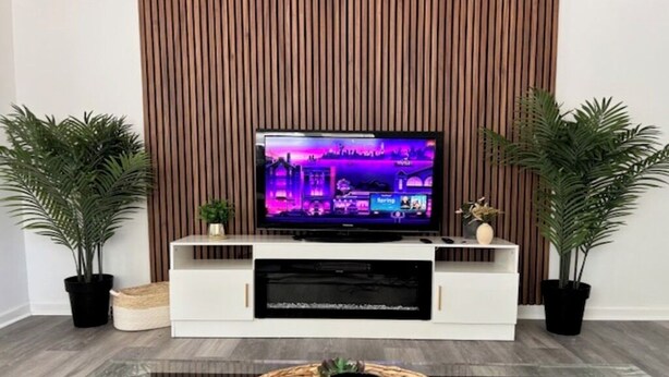 Una sala de estar moderna con un televisor de pantalla plana montado en una pared de madera, un mueble de entretenimiento blanco y dos plantas en macetas.