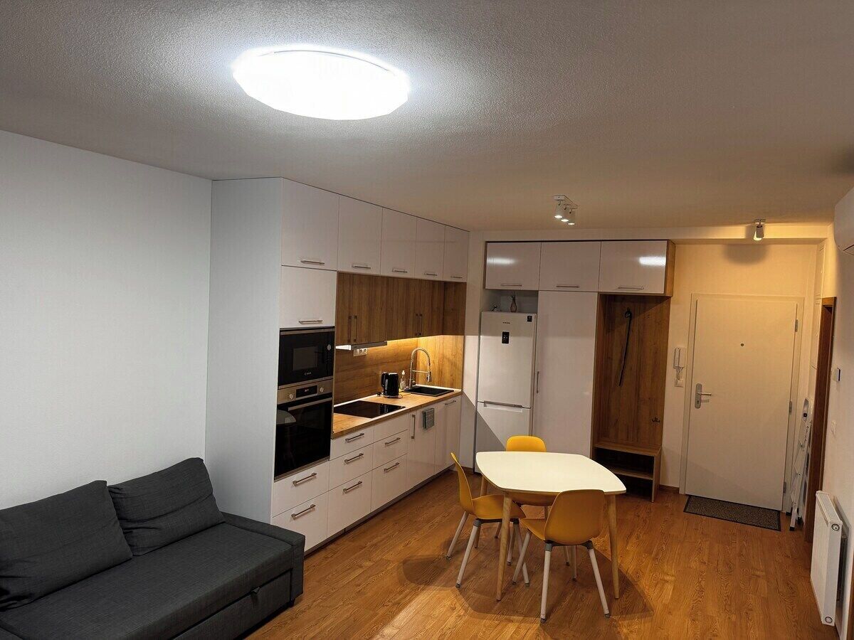 A compact living space with a kitchenette, a sofa, a dining table with chairs, and a door.