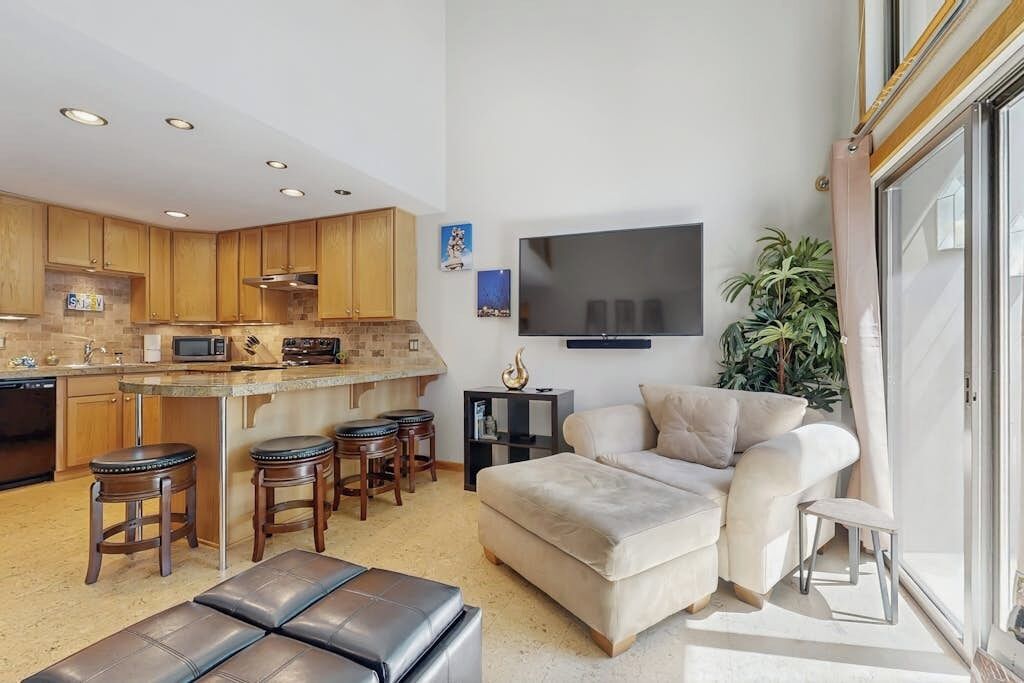 TV, fireplace, books