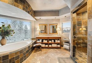 Shower, hair dryer, towels - Whimsical acreage with high-end finishes, old-world character, air hockey, & W/D (Columbia Falls)