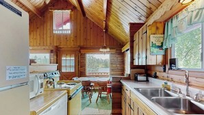 Une cuisine de style rustique, avec des murs en bois, un poêle et un évier.