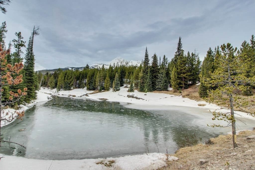 Une rivière gelée, entourée d’arbres et de neige.