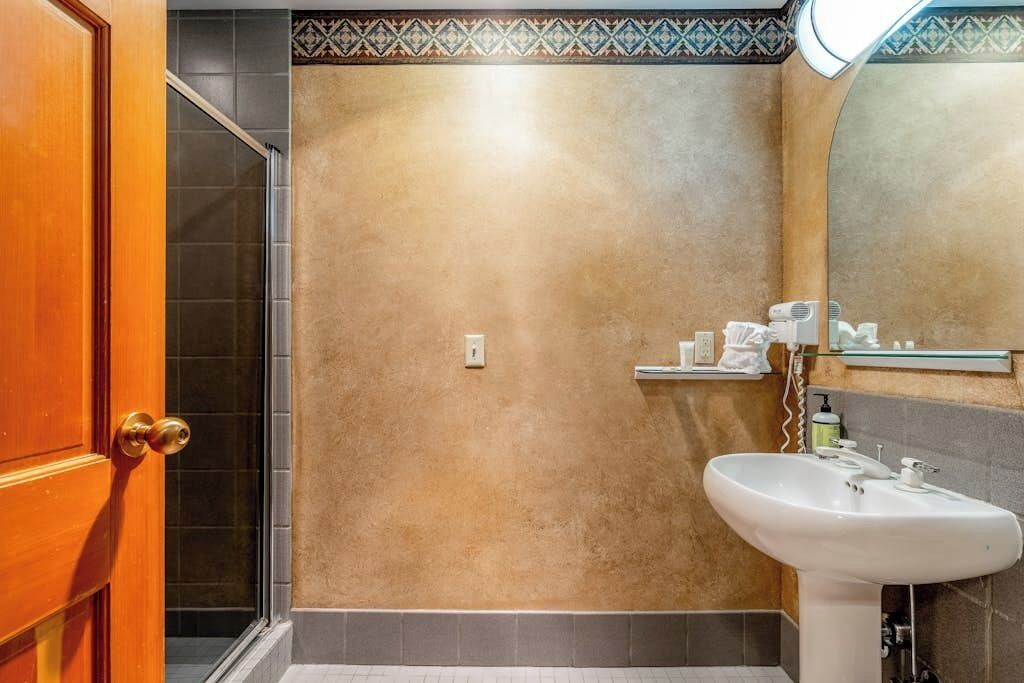 Une salle de bain avec une porte en bois, une douche, un lavabo et un miroir.