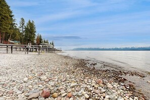 A pebbled beach with a wooden pier extending into calm water, surrounded by trees. - Lakefront home with amazing mountain views, wraparound deck, fireplace, & grill (Lakeside)