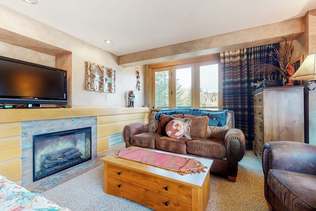 TV, fireplace, books