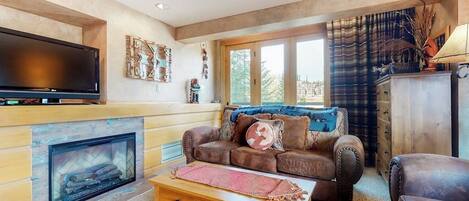 TV, fireplace, books