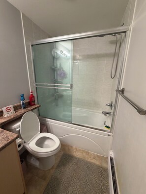 Secadora de cabello, toallas, jabón, papel de baño