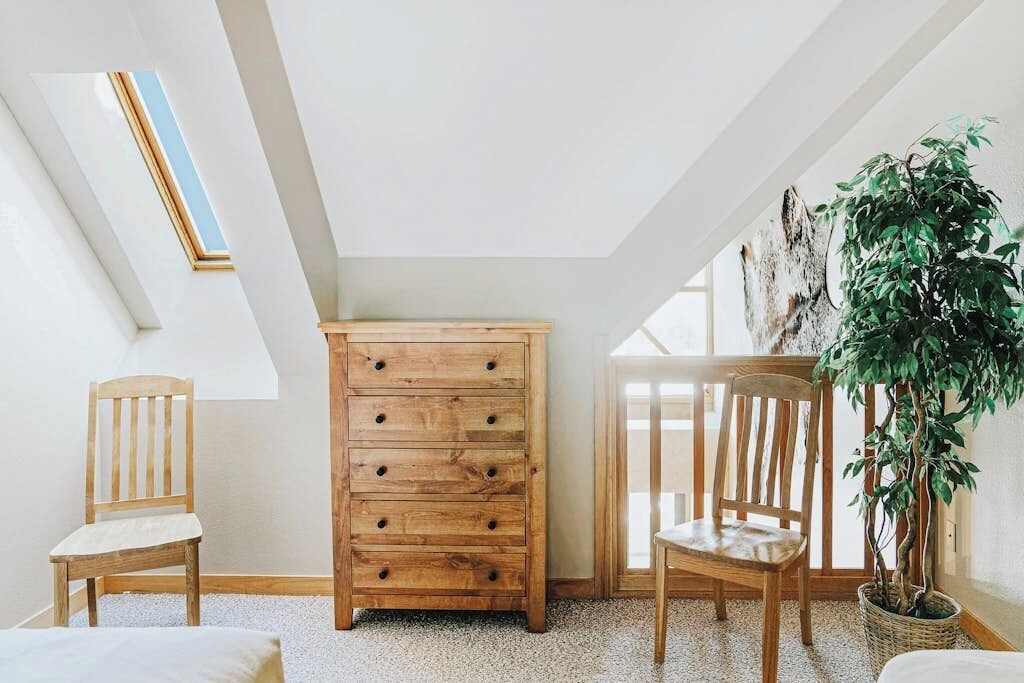 A room with a skylight, wooden furniture, and a plant.