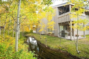 A modern house with a small stream, surrounded by trees with yellow leaves. - Beautiful condo with full kitchen, mountain views (Wilson)
