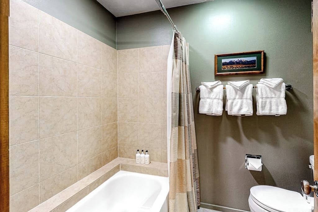 A bathroom with a bathtub, a toilet, and a shower curtain.
