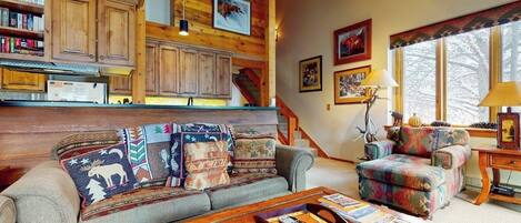 TV, fireplace, books