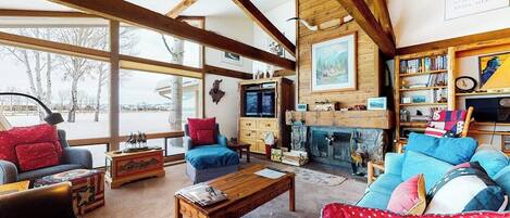 Fernseher, Kamin, Bücher, Videothek