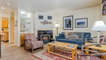 TV, fireplace, DVD player, video library