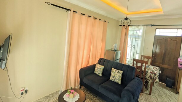 A living room with a sofa, a small table with a vase, a fan, and a door. - Zebra Nest Apartpment (Kilimanjaro Region)
