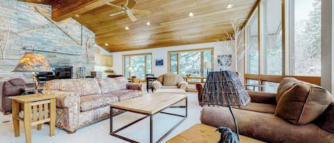 TV, fireplace, DVD player, books