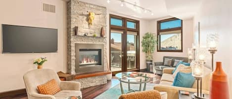 TV, fireplace, books