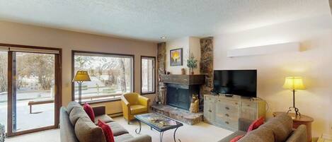 TV, fireplace, books