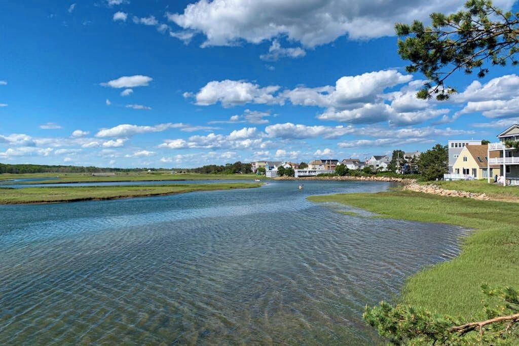 En flod med klart vatten, en grönskande strand och hus i bakgrunden.