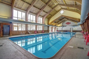 Ein Hallenbad mit hoher Decke, Holzbalken und Blick auf Bäume.