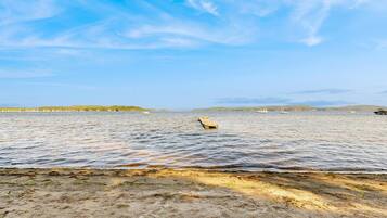 A coastal landscape with a sandy beach, calm water, and distant hills.