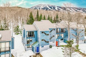 Un quartier résidentiel avec des bâtiments bleus, une montagne en arrière-plan et un paysage enneigé.