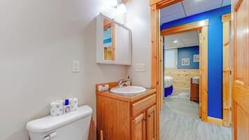 A bathroom with a wooden vanity, a toilet, and a mirror.