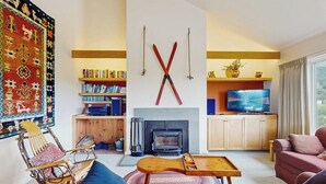 A cozy living room with a fireplace, bookshelves, a television, and a large rug.