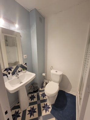 A bathroom with a white sink, toilet, and a patterned floor. - Bright Room - Centre (Lourdes)