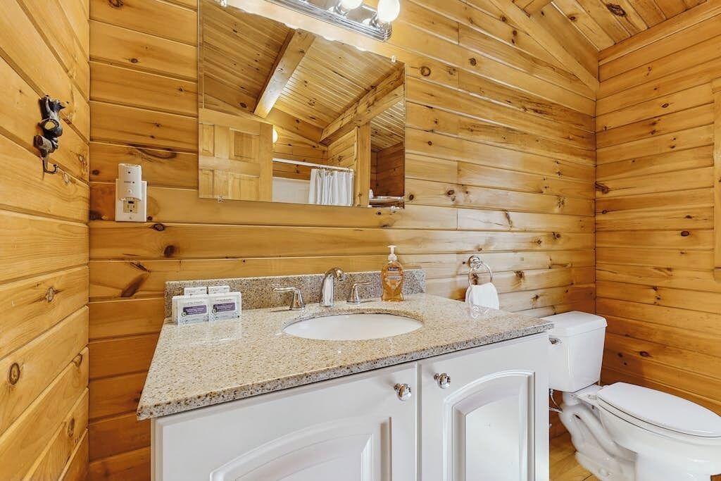 Ein Badezimmer einer Holzhütte mit Waschbecken, Spiegel und Toilette.