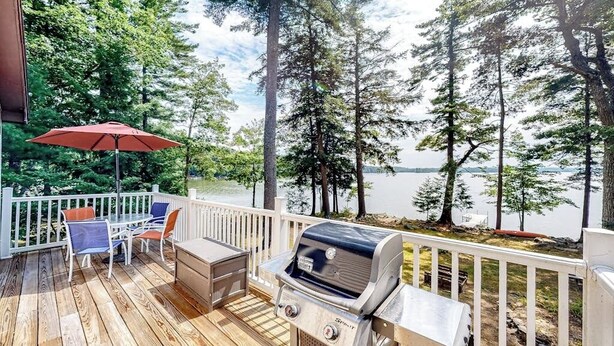 Une terrasse dotée d’un barbecue, de mobilier d’extérieur et offrant une vue sur un lac entouré d’arbres.
