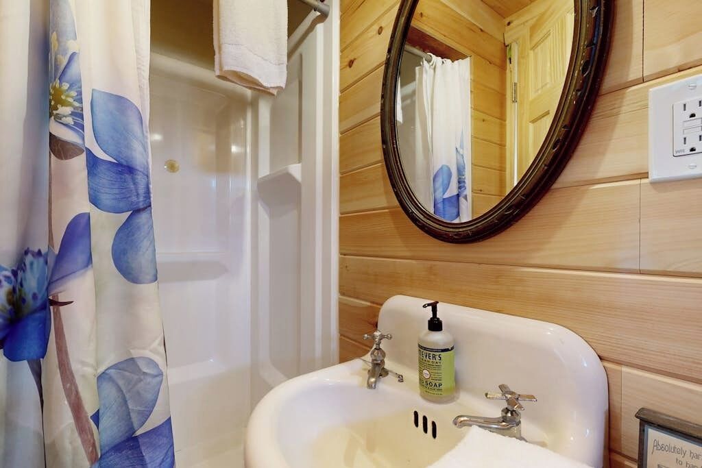 A bathroom with a wooden interior, a white sink with a soap dispenser, a mirror, and a shower curtain with a blue floral pattern.