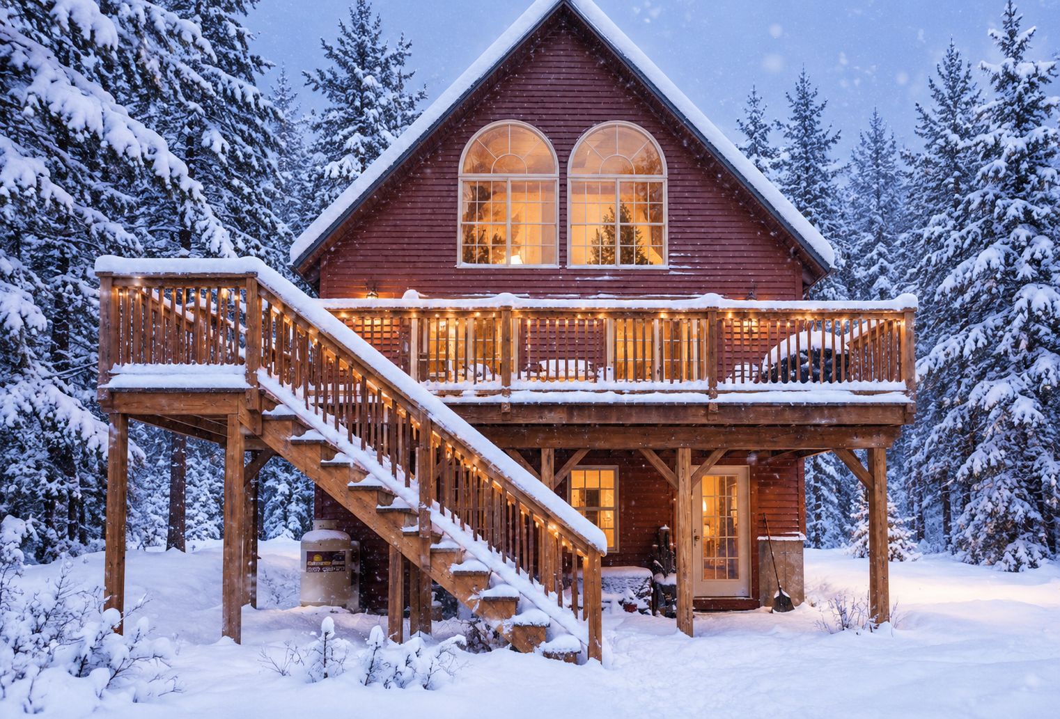 A wooden cabin with a balcony, a staircase, and a snow-covered landscape.
