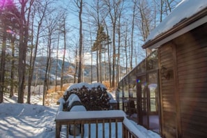 Una cabaña de madera con puerta de vidrio, rodeada de nieve y árboles.