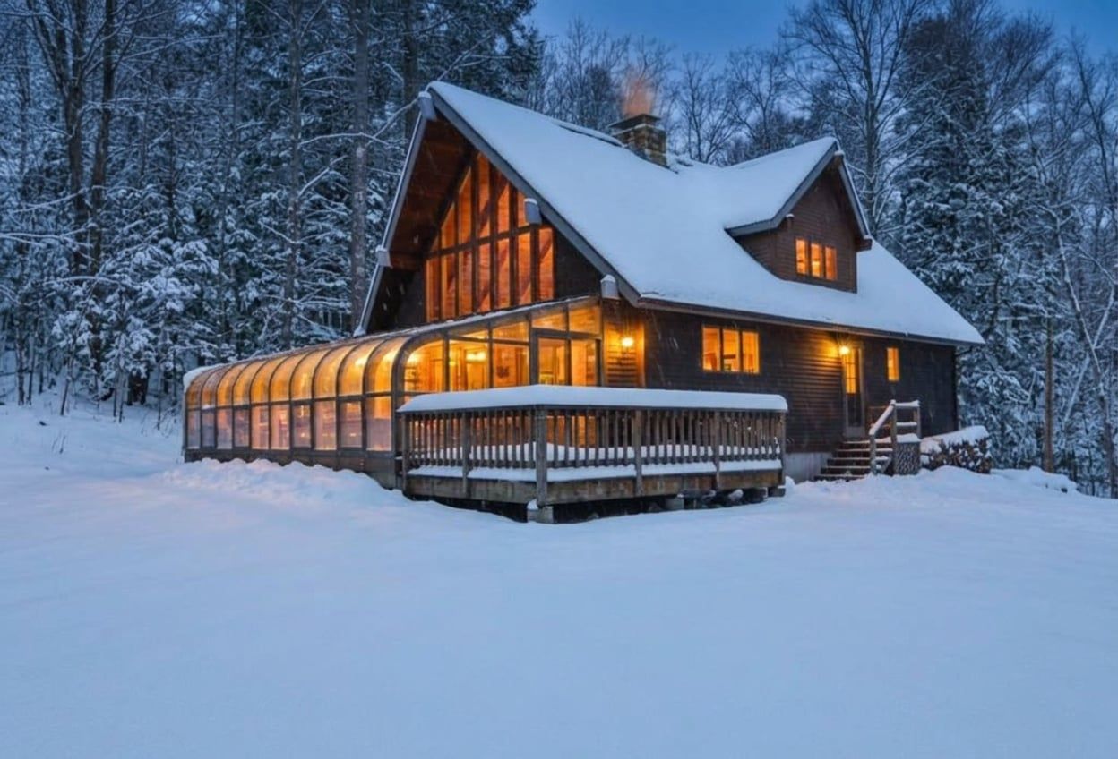 A wooden cabin with a large glass windowed porch, surrounded by snow-covered trees.