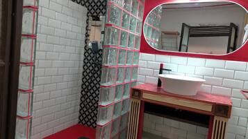 Hair dryer, bidet, towels, soap