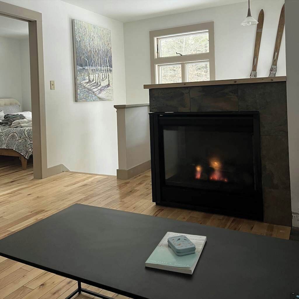 Un salon moderne avec une cheminée, un lit recouvert d’une couvre-lit à motifs et un tableau accroché au mur.