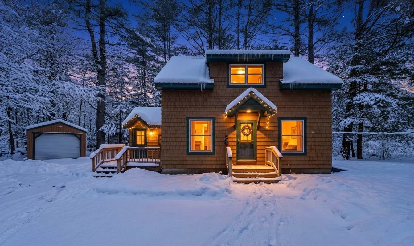 A two-story wooden cabin with a snow-covered roof, a front porch, and a garage.