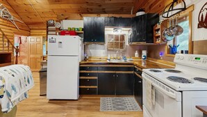 A cabin-style kitchen with wooden walls, a refrigerator, a stove, and a sink. - Charming Lakeview House with Deck, Cozy Fireplace and firepit (Rome)